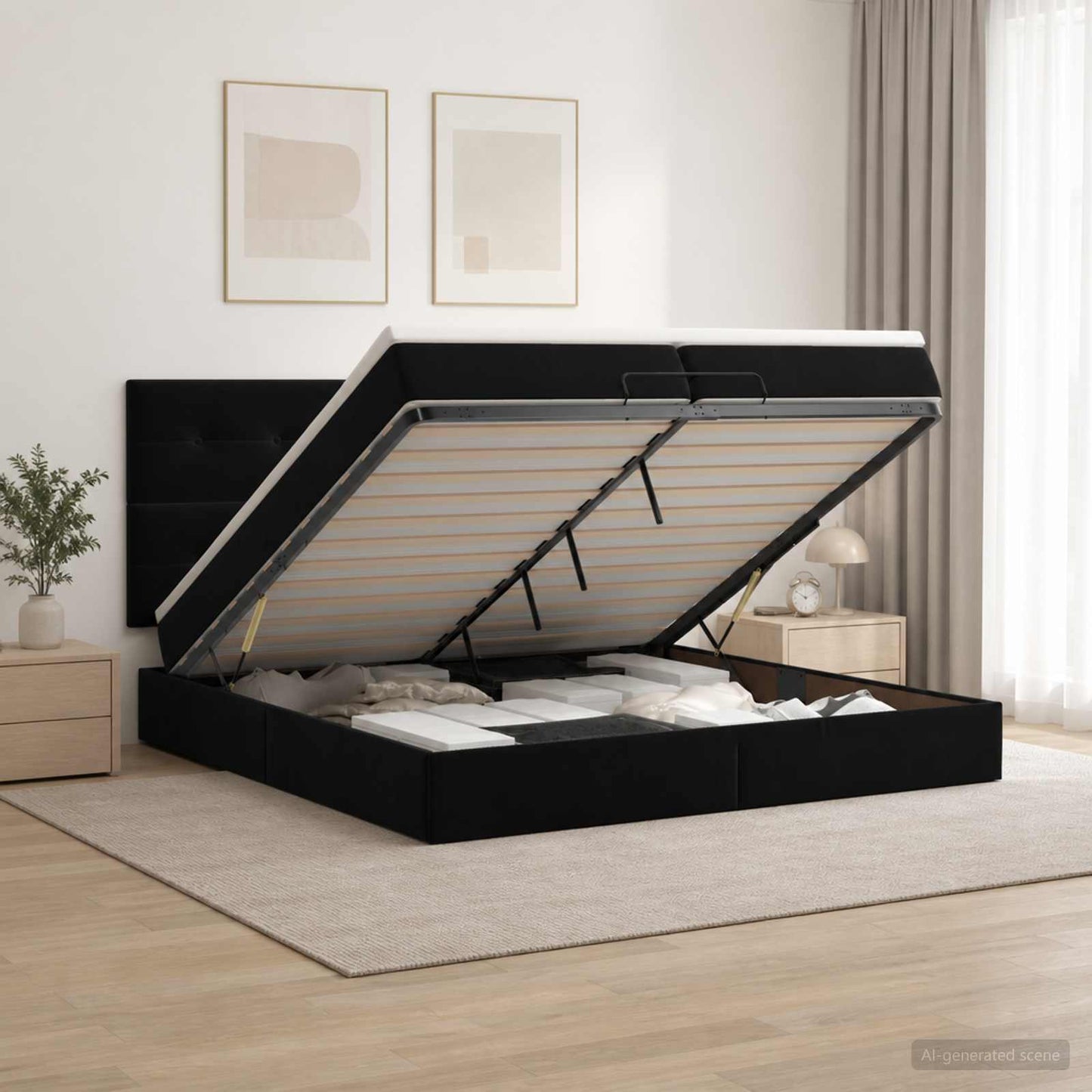 Letto ottomano con materasso Nero 200 x 200 cm Velluto | homemem39