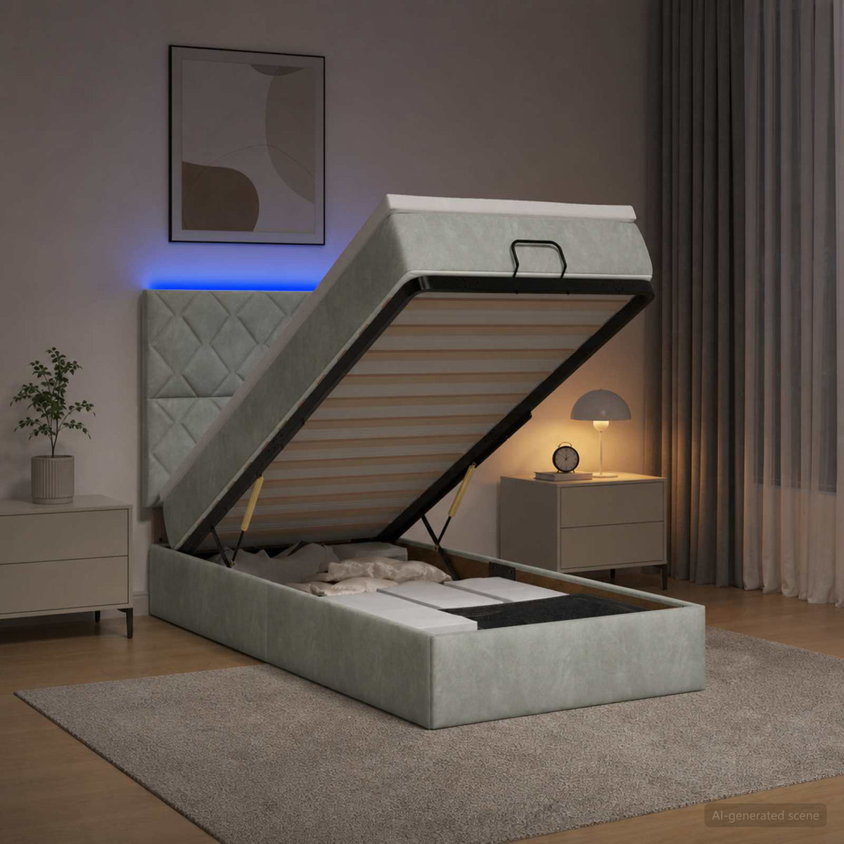 Letto Ottomano con Materasso e LED Grigio Chiaro 90 x 190 cm | homemem39