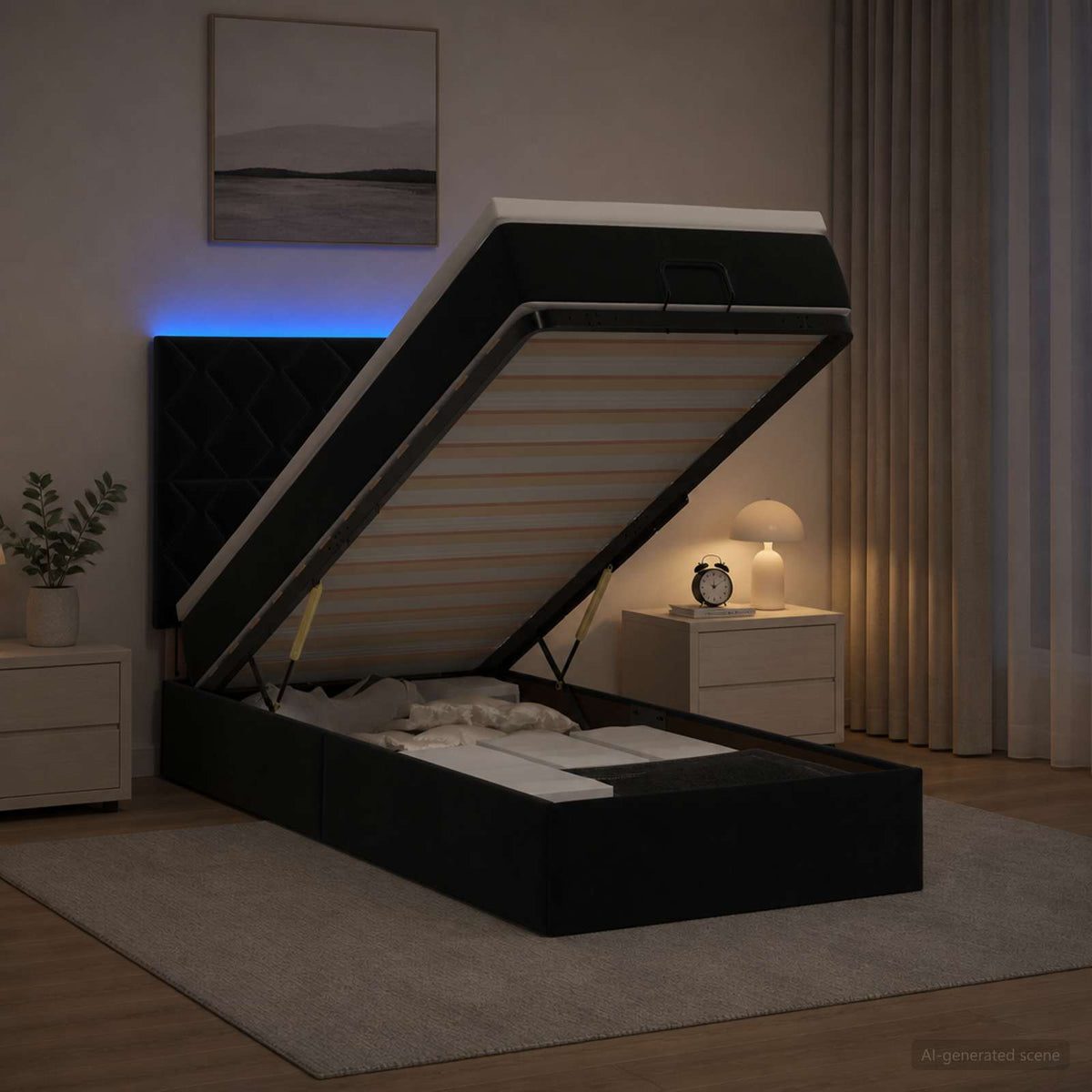 Letto Ottomano con Materasso e LED Nero 90 x 190 cm Velluto | homemem39