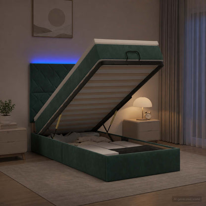 Letto Ottomano con Materasso e LED Verde Scuro 90 x 200 cm | homemem39