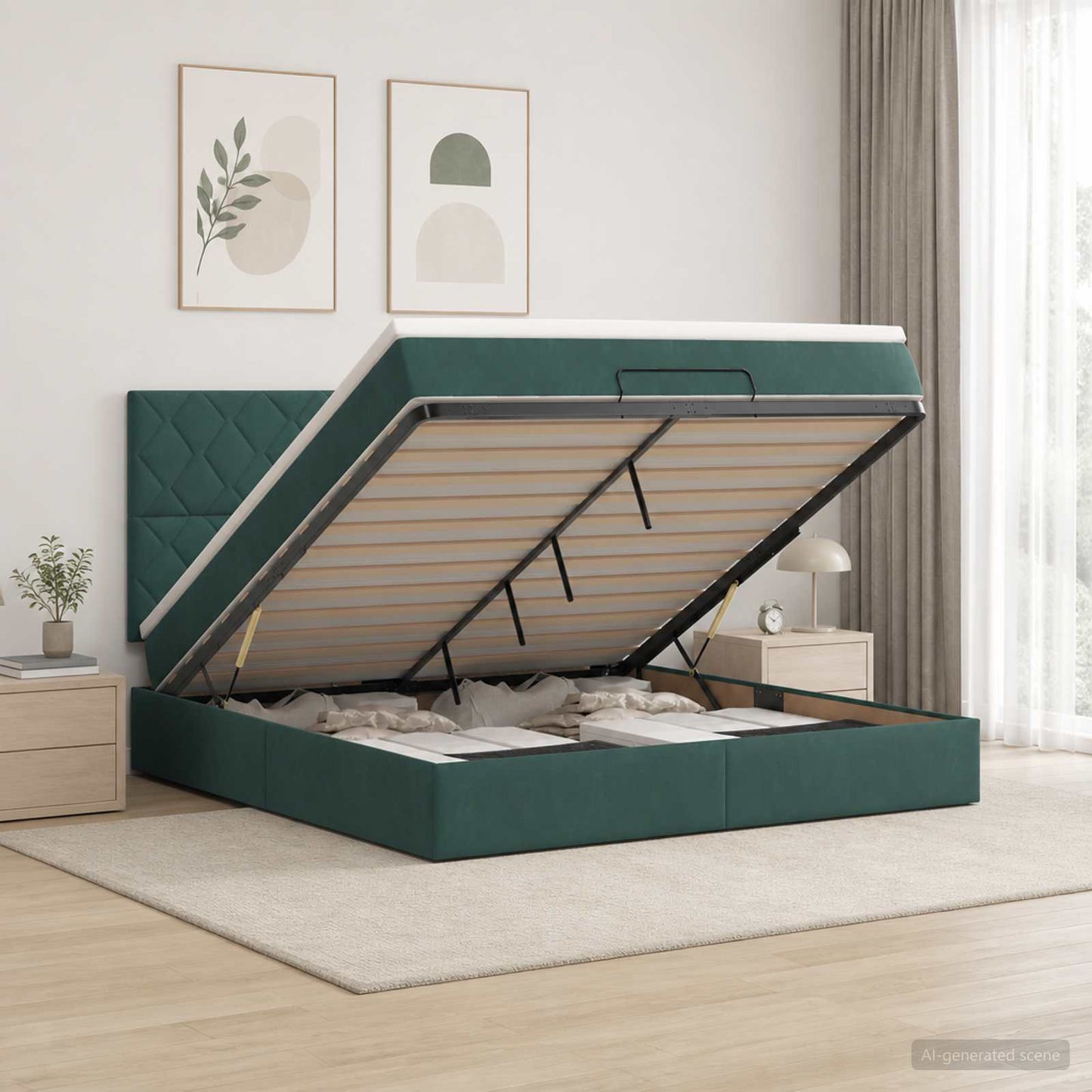 Letto Ottomano con Materasso e LED Verde Scuro 140 x 200 cm