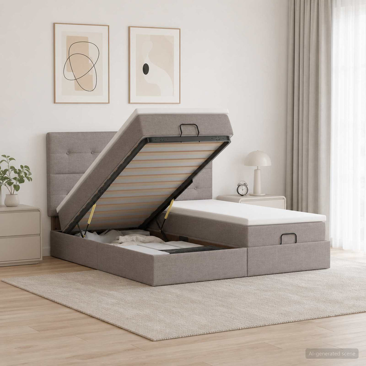 Letto Ottomano con Materasso e LED Tortora 180 x 200 cm Tessuto | homemem39