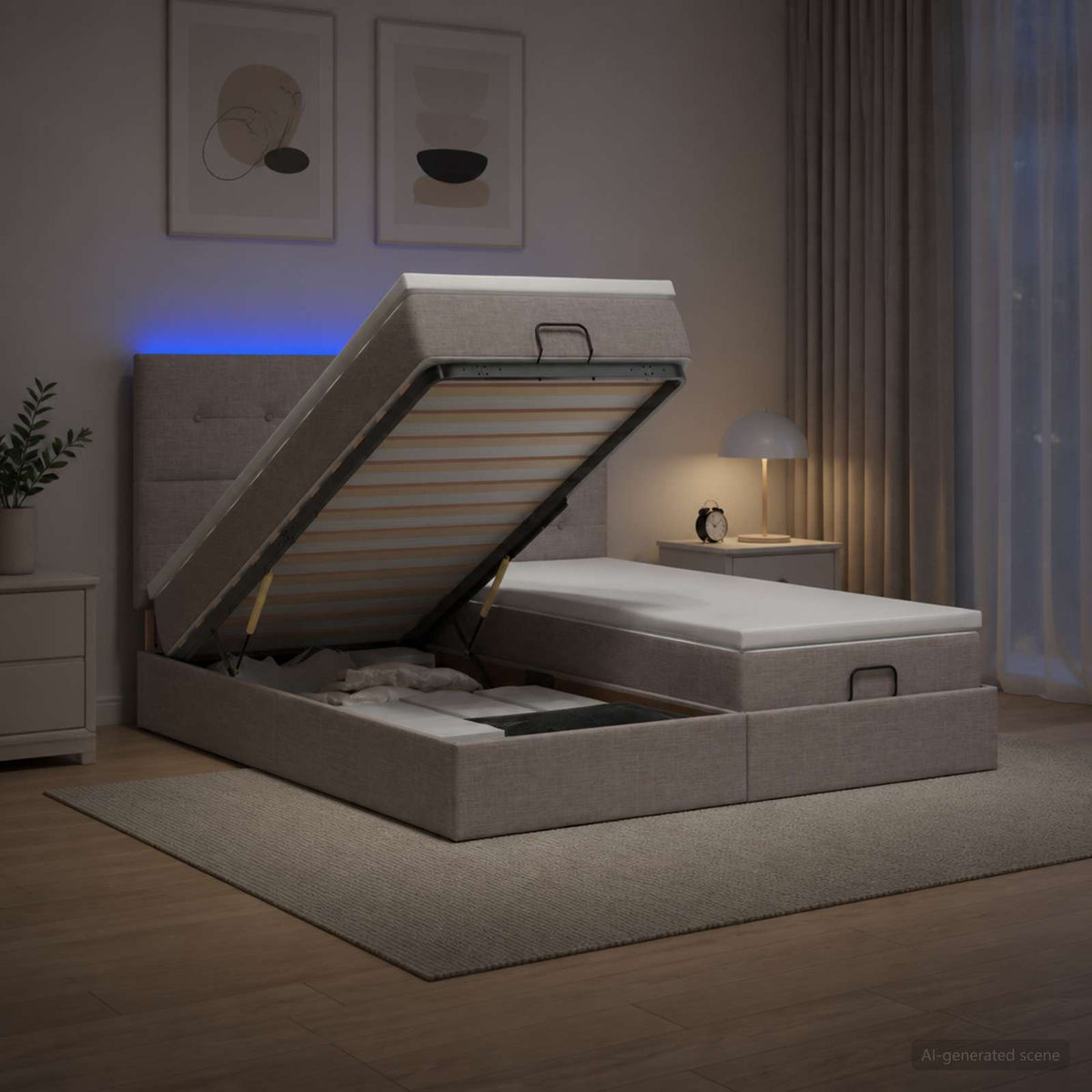 Letto Ottomano con Materasso e LED Tortora 180 x 200 cm Tessuto | homemem39