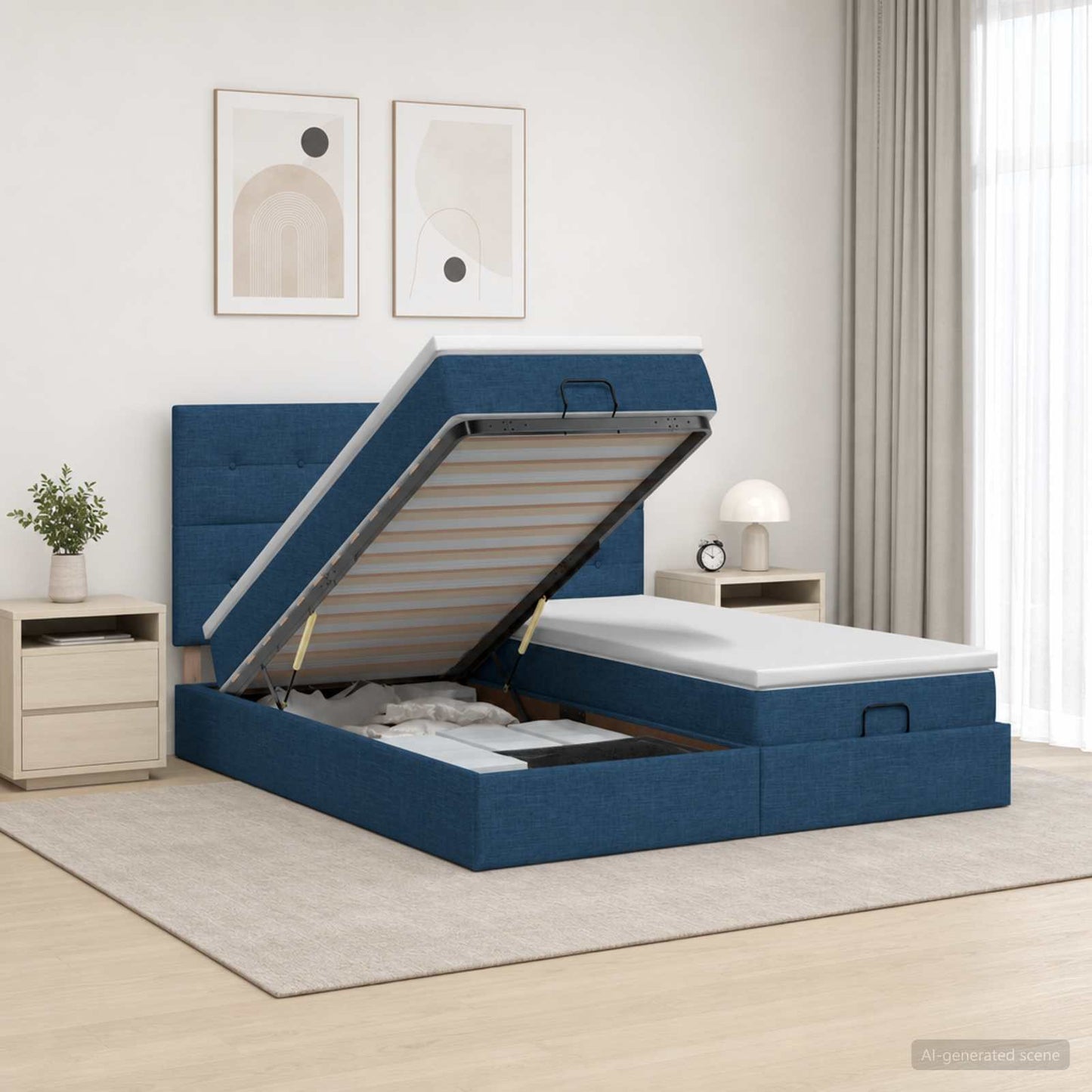 Letto Ottomano con Materasso e LED Blu 200 x 200 cm Tessuto