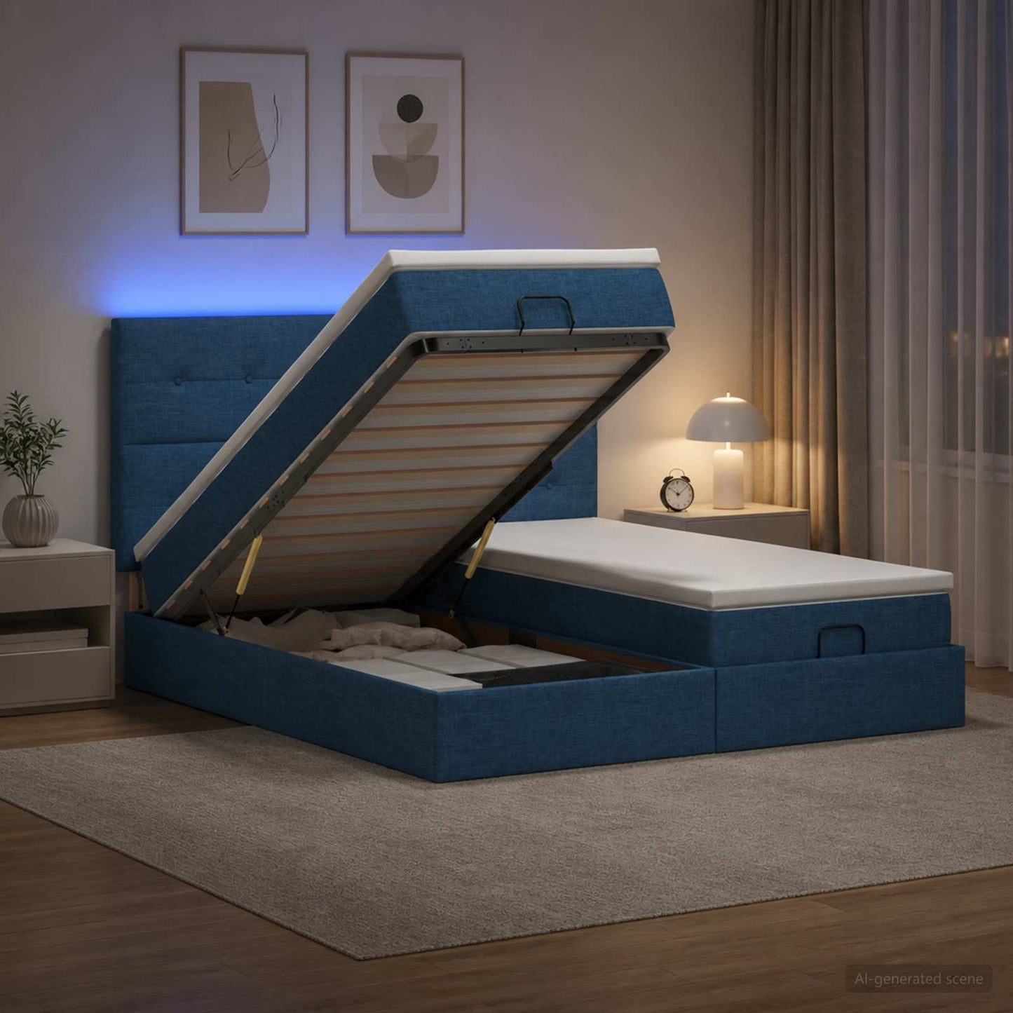 Letto Ottomano con Materasso e LED Blu 160 x 200 cm Tessuto