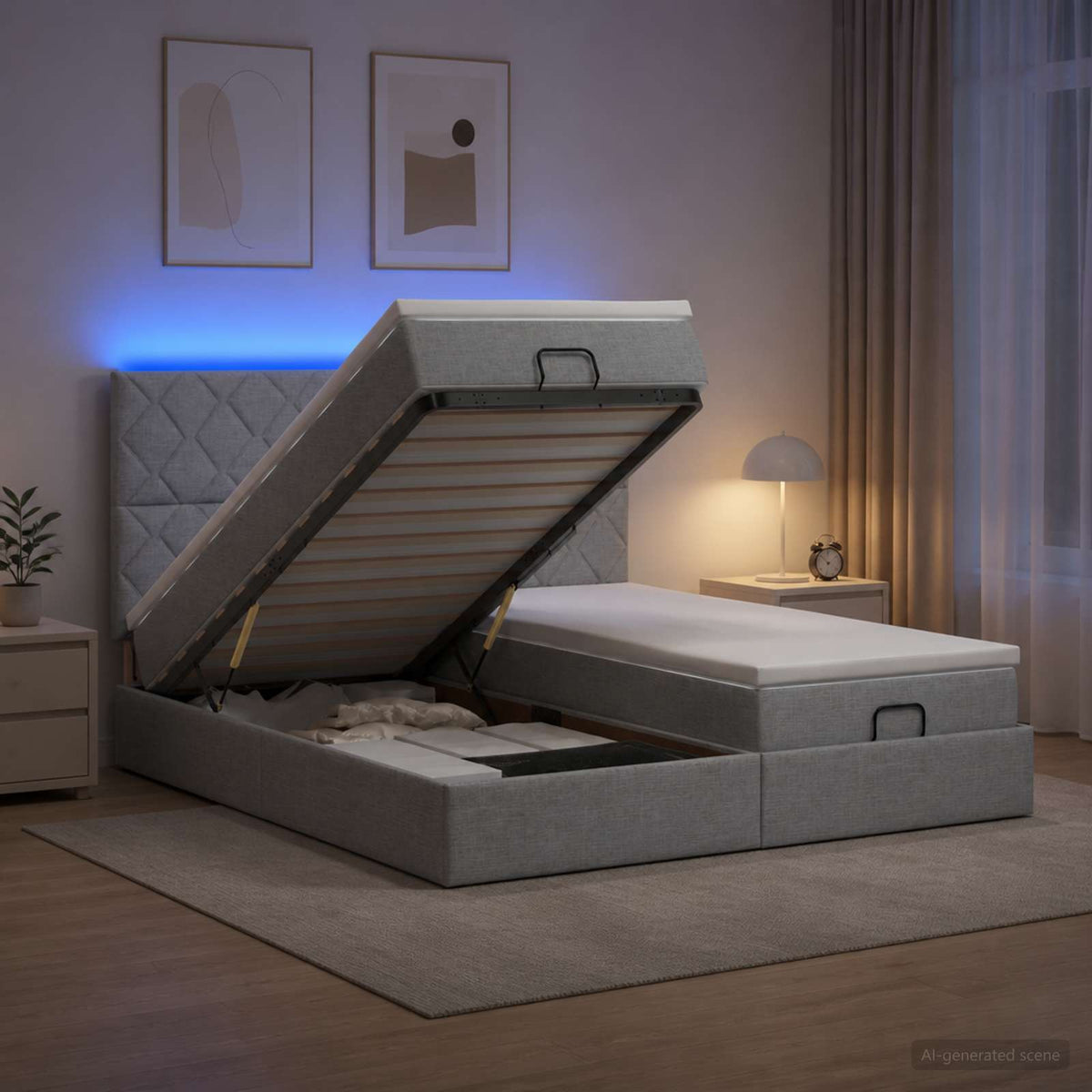 Letto Ottomano con Materasso e LED Grigio Chiaro 200 x 200 cm - homemem39