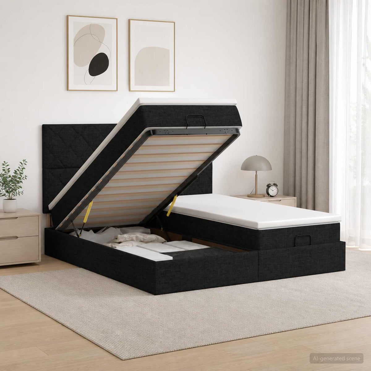 Letto ottomano con materasso con testiera 2 pz Nero Tessuto