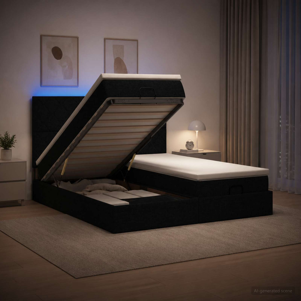 Letto Ottomano con Materasso e LED Nero 180 x 200 cm Tessuto | homemem39