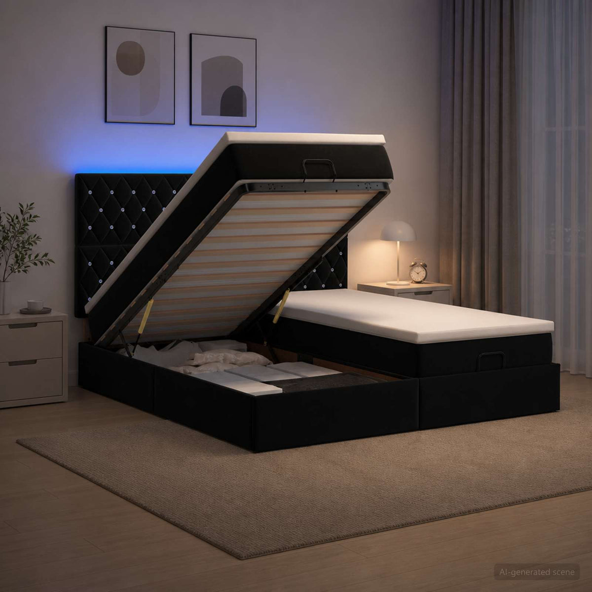 Letto Ottomano con Materasso e LED Nero 180 x 200 cm Velluto | homemem39