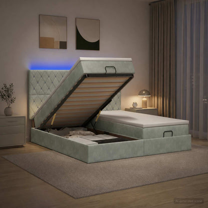 Letto Ottomano con Materasso e LED Grigio Chiaro 200 x 200 cm