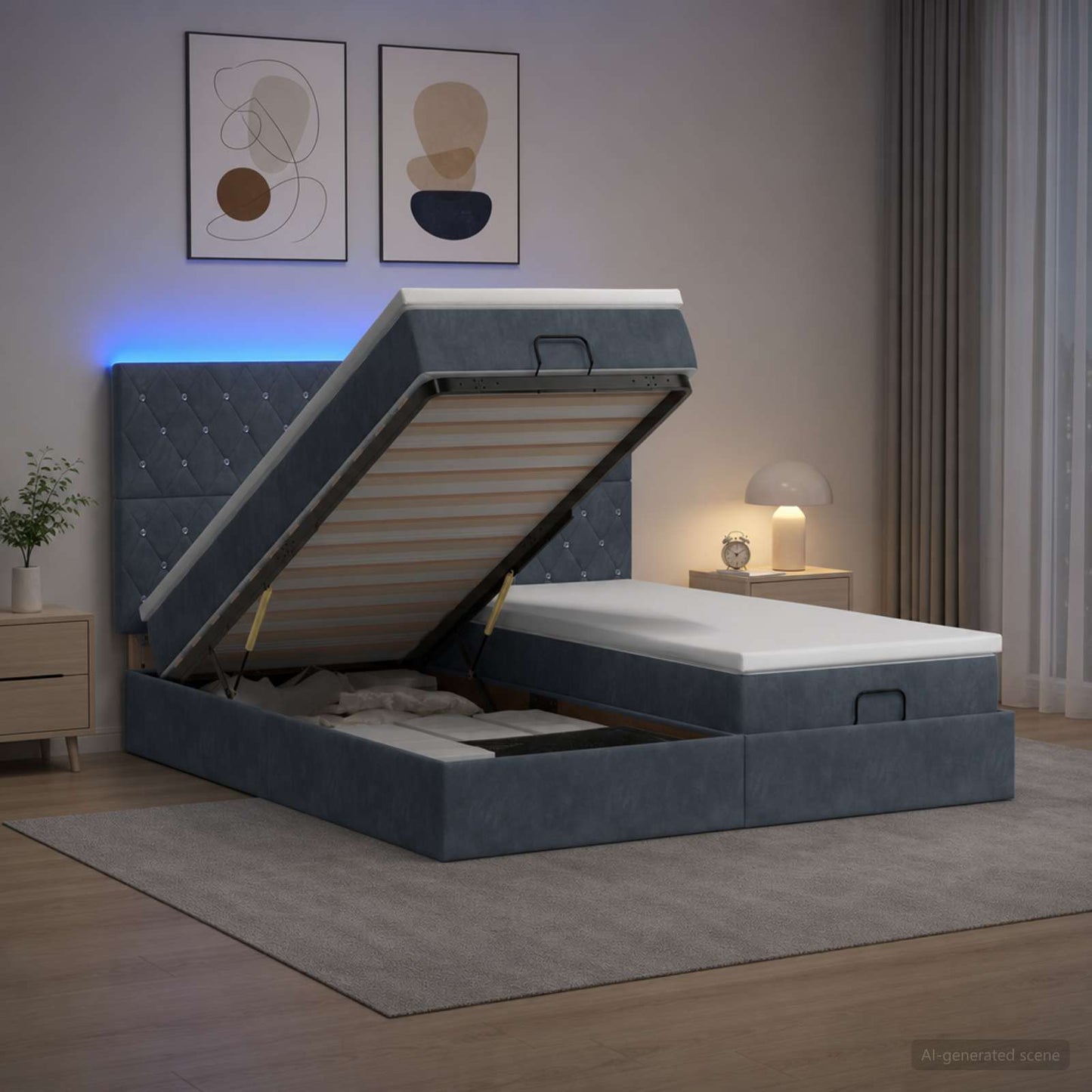 Letto Ottomano con Materasso e LED Grigio Scuro 160 x 200 cm | homemem39
