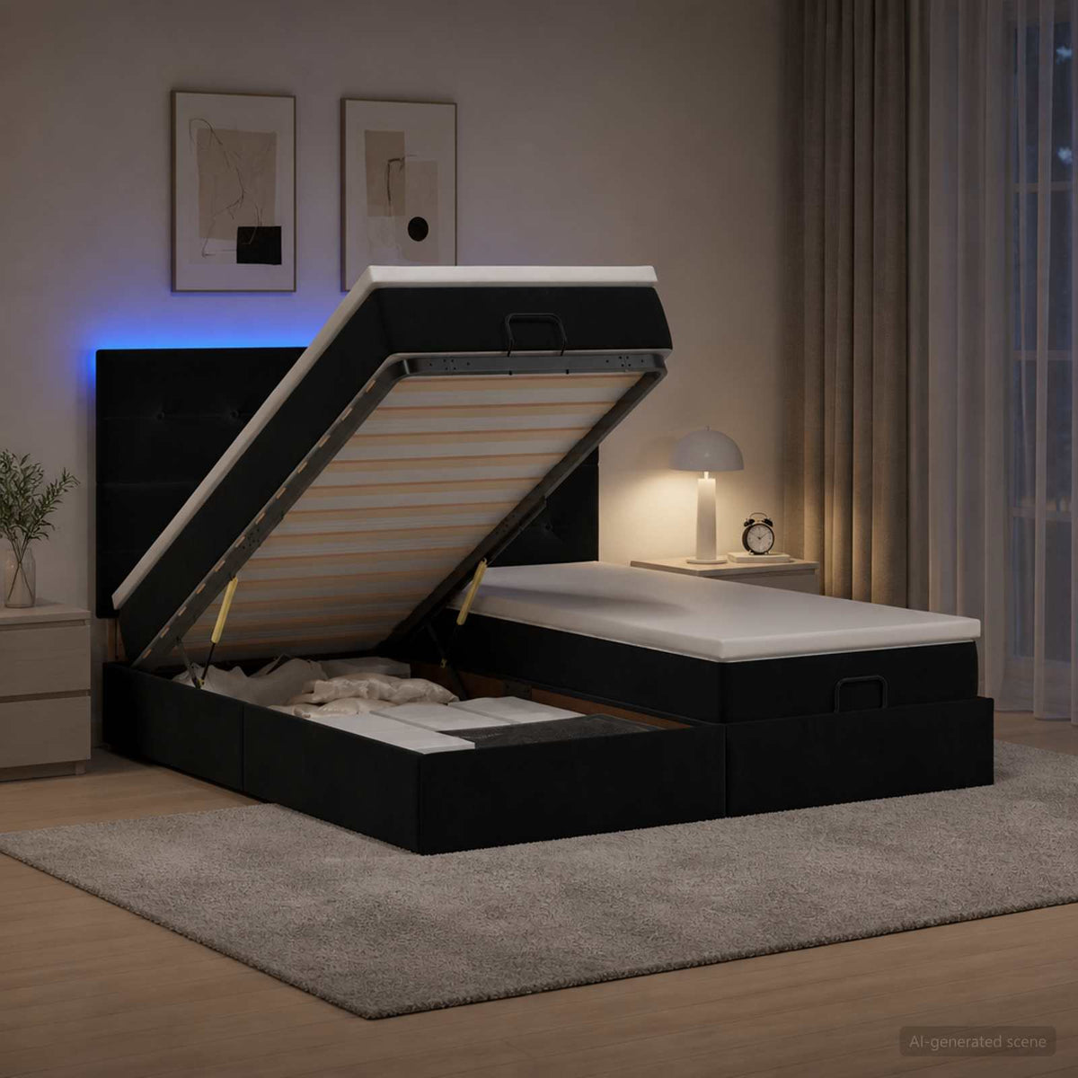 Letto Ottomano con Materasso e LED Nero 180 x 200 cm Velluto | homemem39