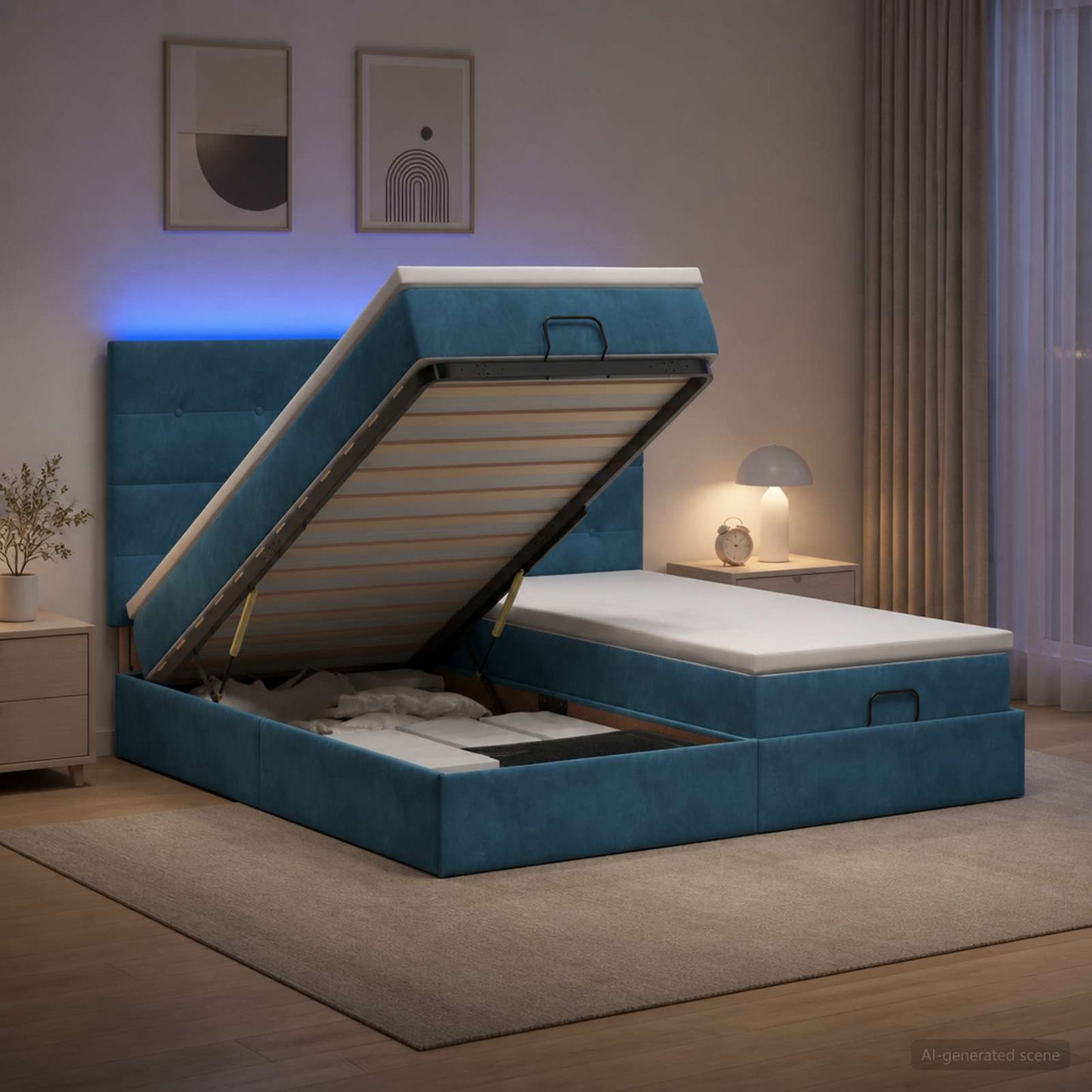 Letto Ottomano con Materasso e LED Blu scuro 200 x 200 cm
