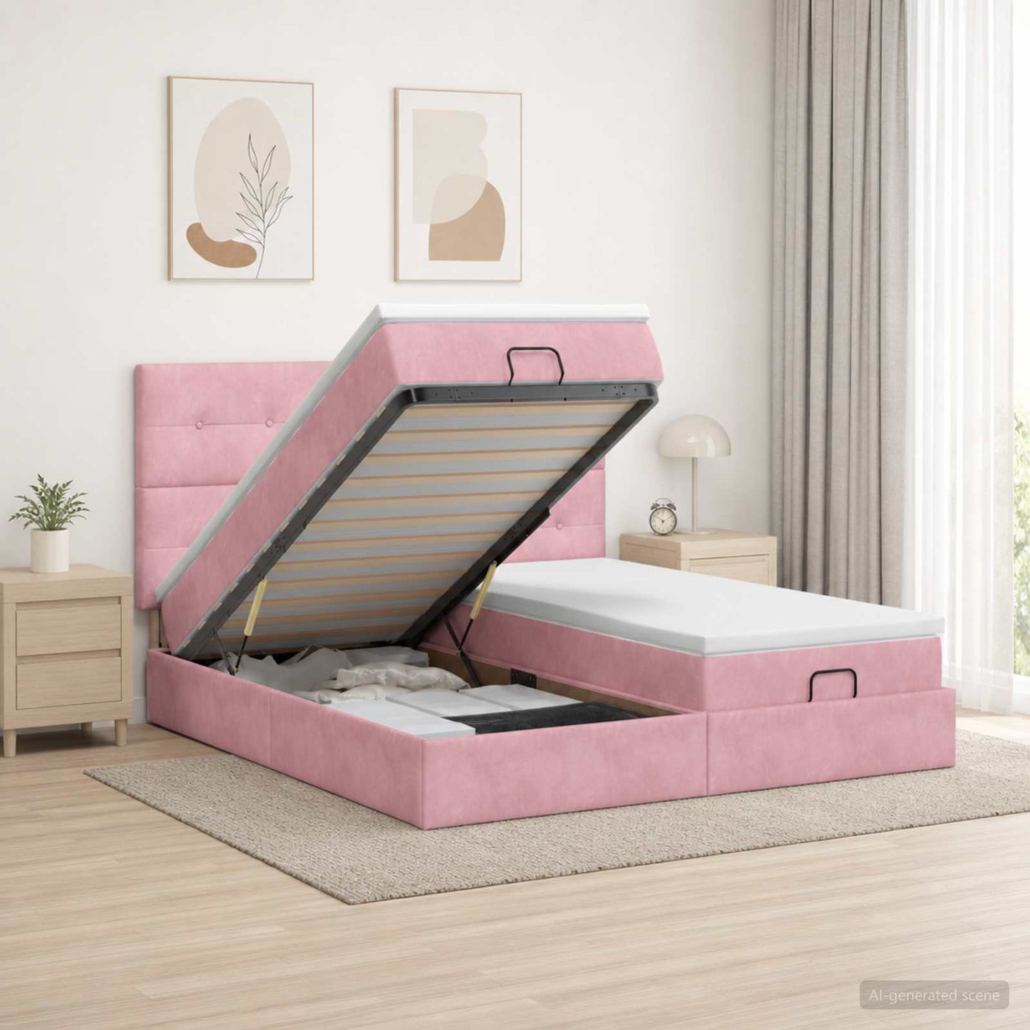 Letto Ottomano con Materasso e LED Rosa 200 x 200 cm Velluto