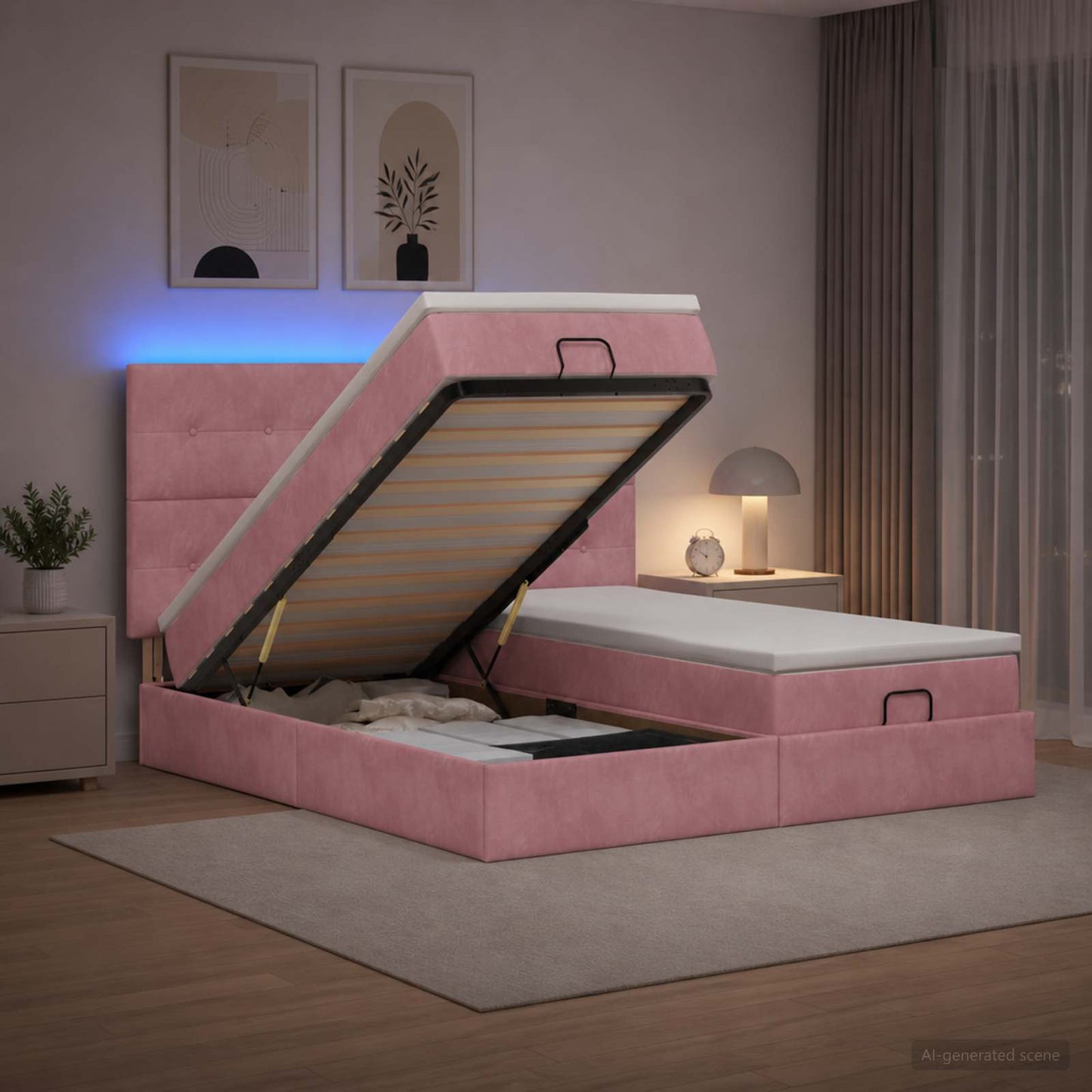 Letto Ottomano con Materasso e LED Rosa 200 x 200 cm Velluto