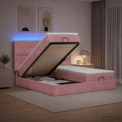 Letto Ottomano con Materasso e LED Rosa 200 x 200 cm Velluto