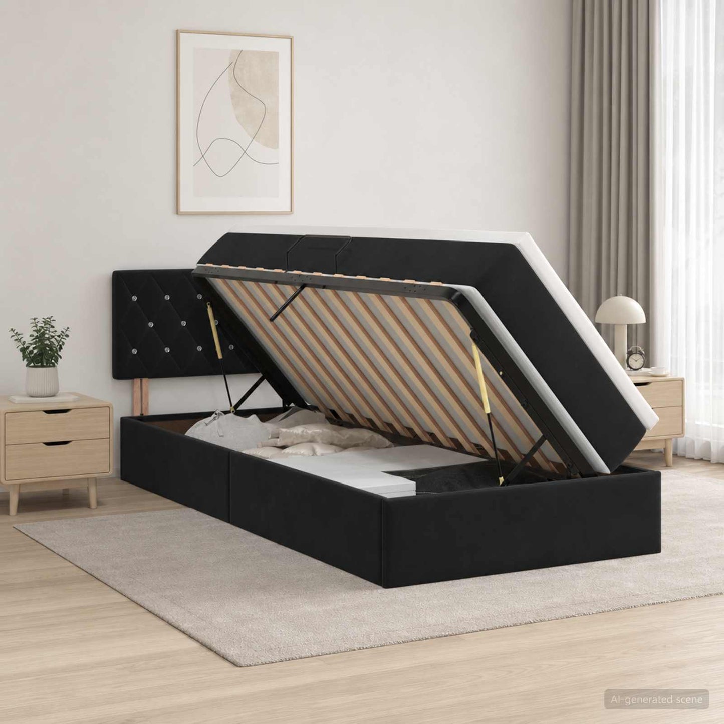 Letto con contenitore LED e materasso Nero 100 x 200 cm Velluto