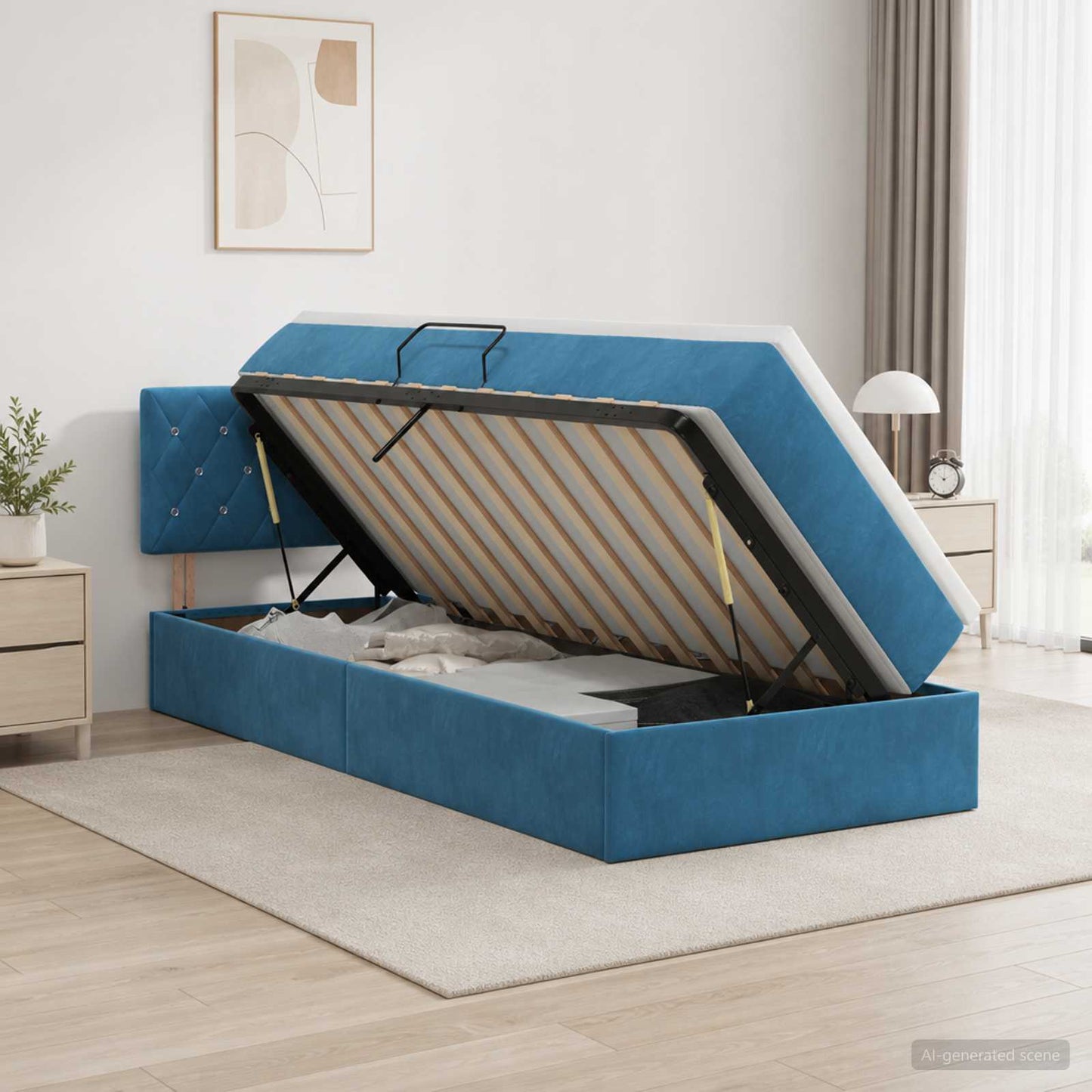 Letto con contenitore LED e materasso Blu Scuro 100 x 200 cm