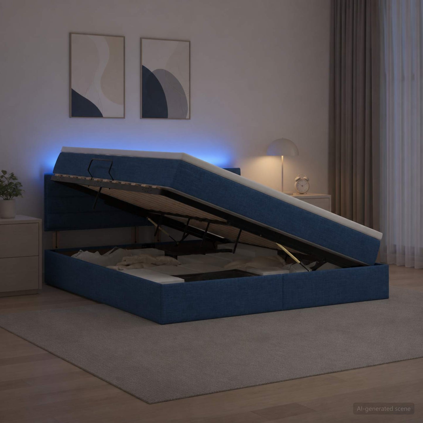 Letto con contenitore LED e materasso Blu 140 x 200 cm Tessuto