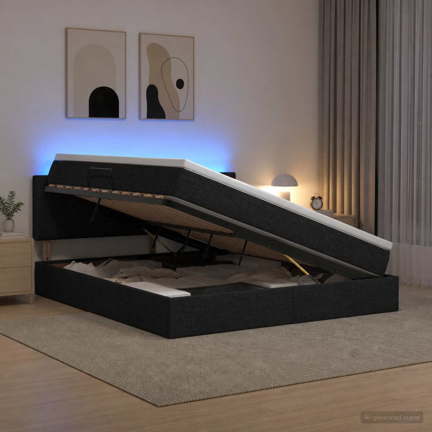 Letto con contenitore LED e materasso Nero 180 x 200 cm Tessuto