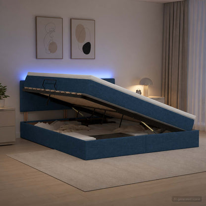 Letto con contenitore LED e materasso Blu 160 x 200 cm Tessuto