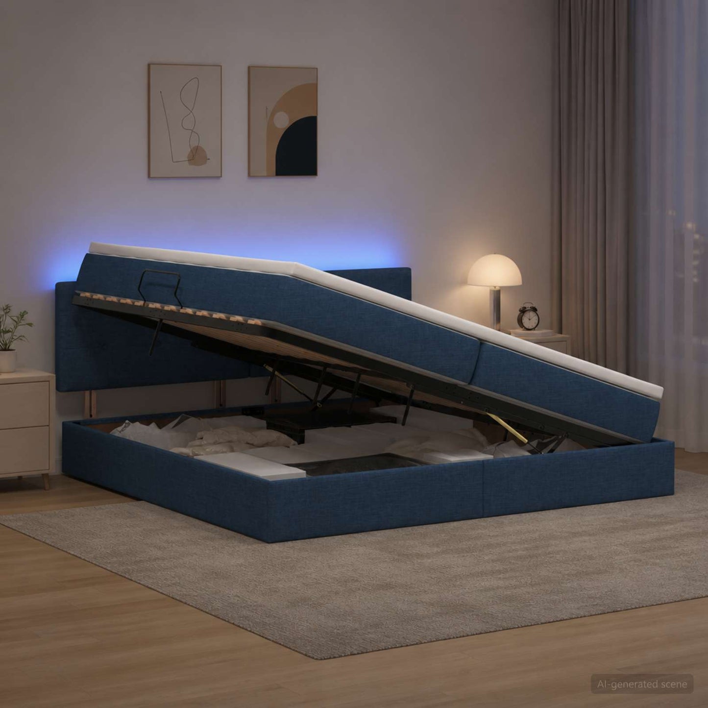Letto con contenitore LED e materasso Blu 200 x 200 cm Tessuto