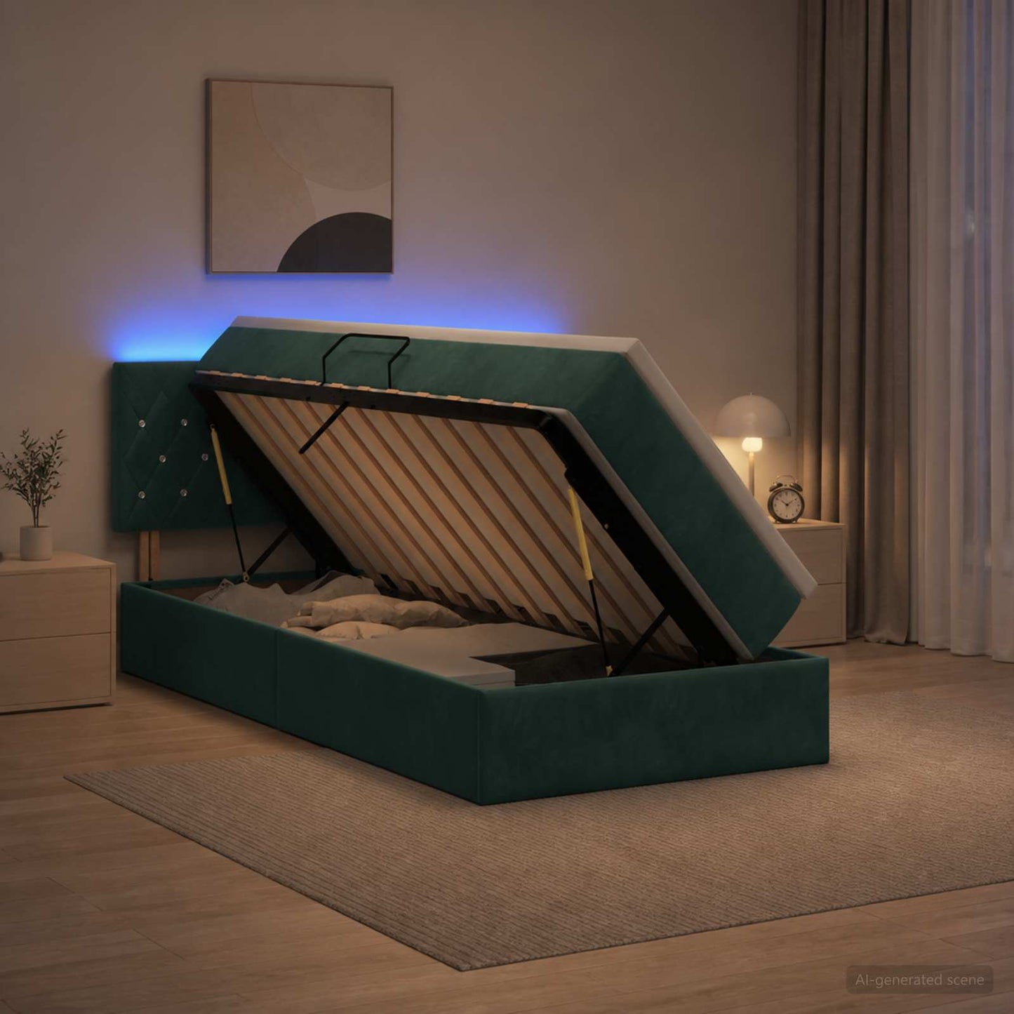 Letto con contenitore LED e materasso Verde Scuro 100 x 200 cm
