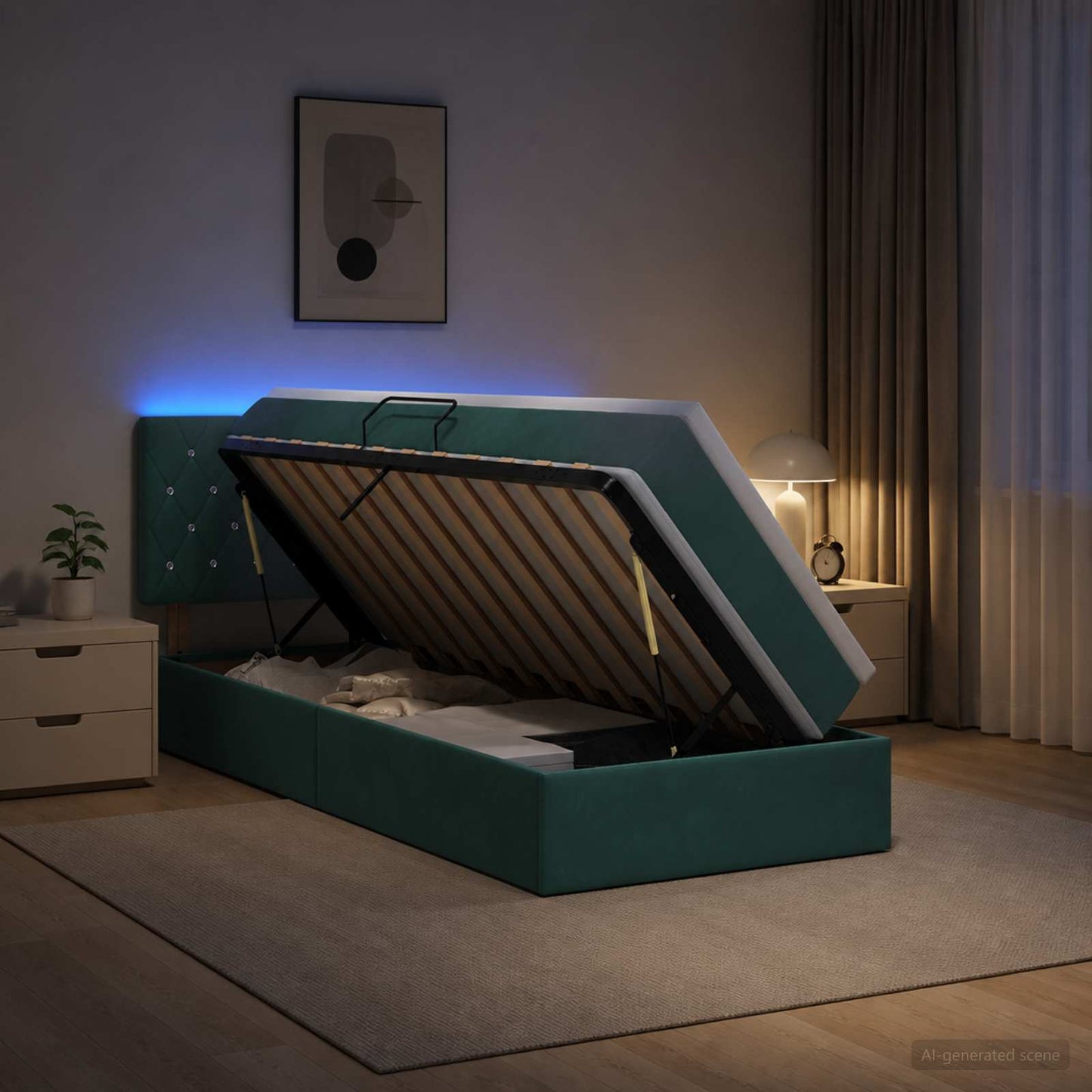 Letto con contenitore LED e materasso Verde Scuro 100 x 200 cm