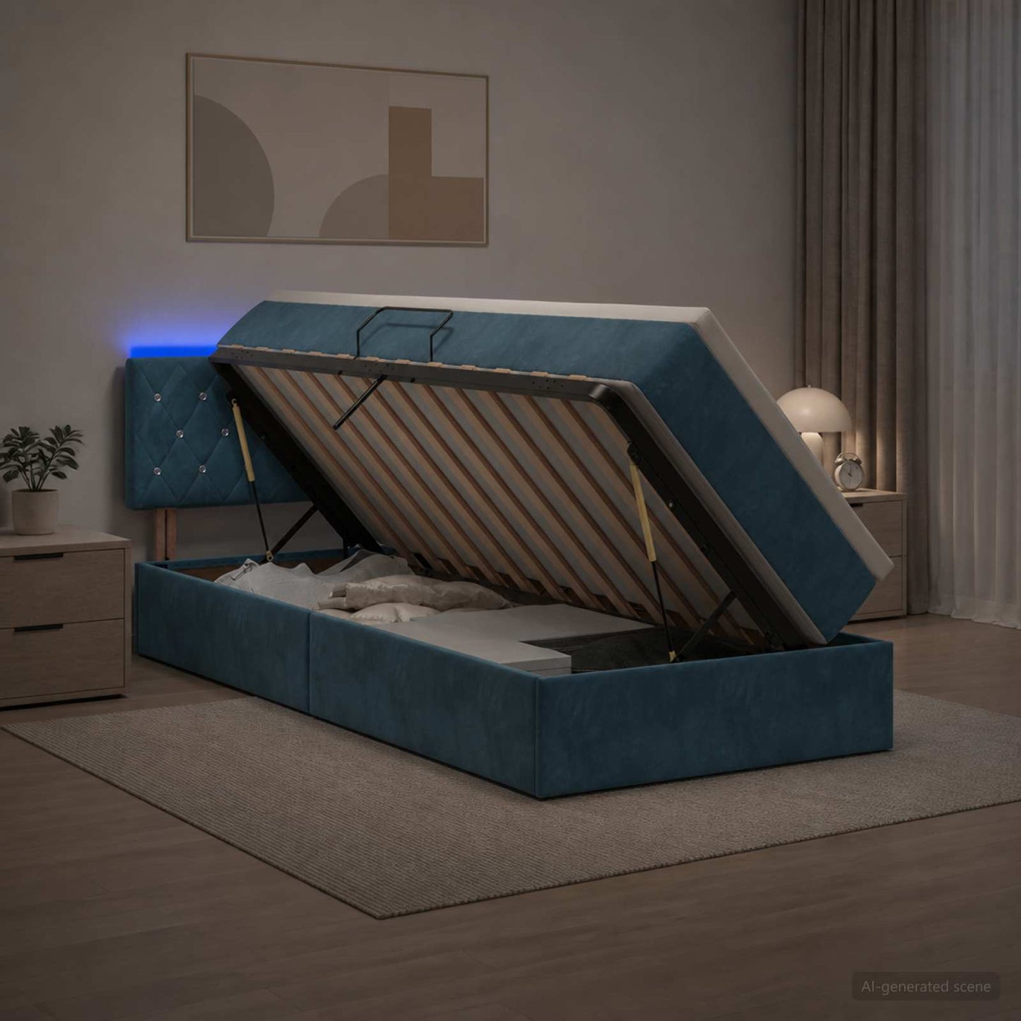 Letto con contenitore LED e materasso Blu Scuro 90 x 200 cm