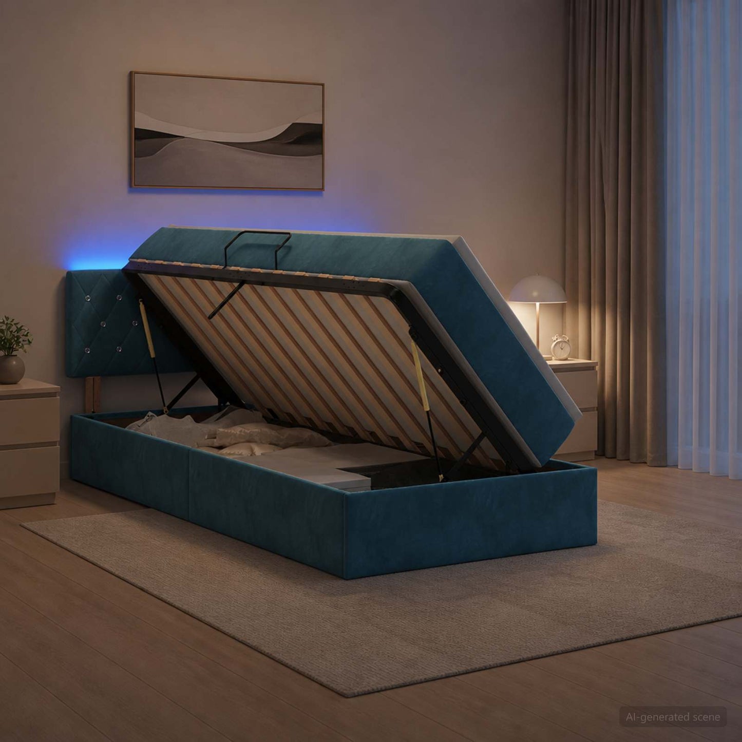 Letto con contenitore LED e materasso Blu Scuro 90 x 200 cm
