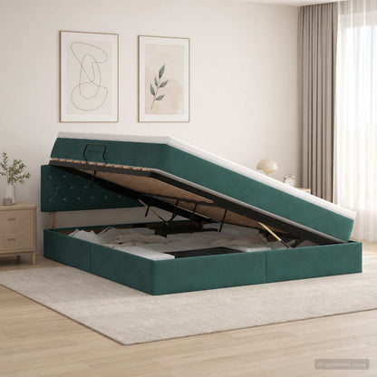 Letto con contenitore LED e materasso Verde Scuro 140 x 200 cm