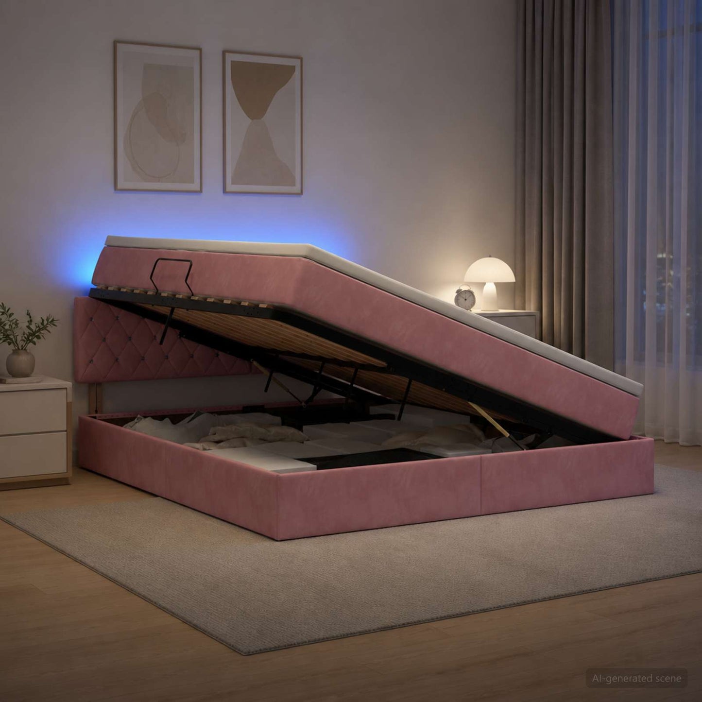 Letto con contenitore LED e materasso Rosa 140 x 200 cm Velluto | homemem39