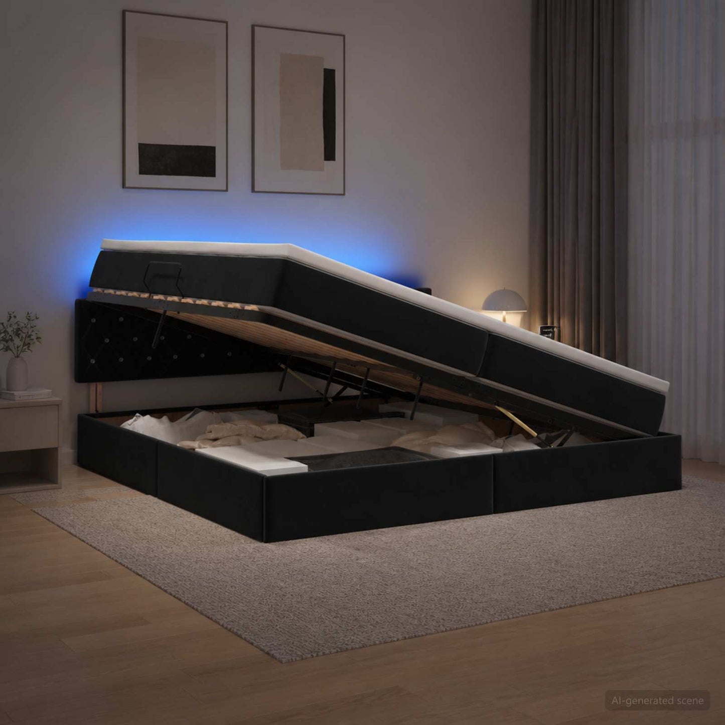 Letto con contenitore LED e materasso Nero 200 x 200 cm Velluto