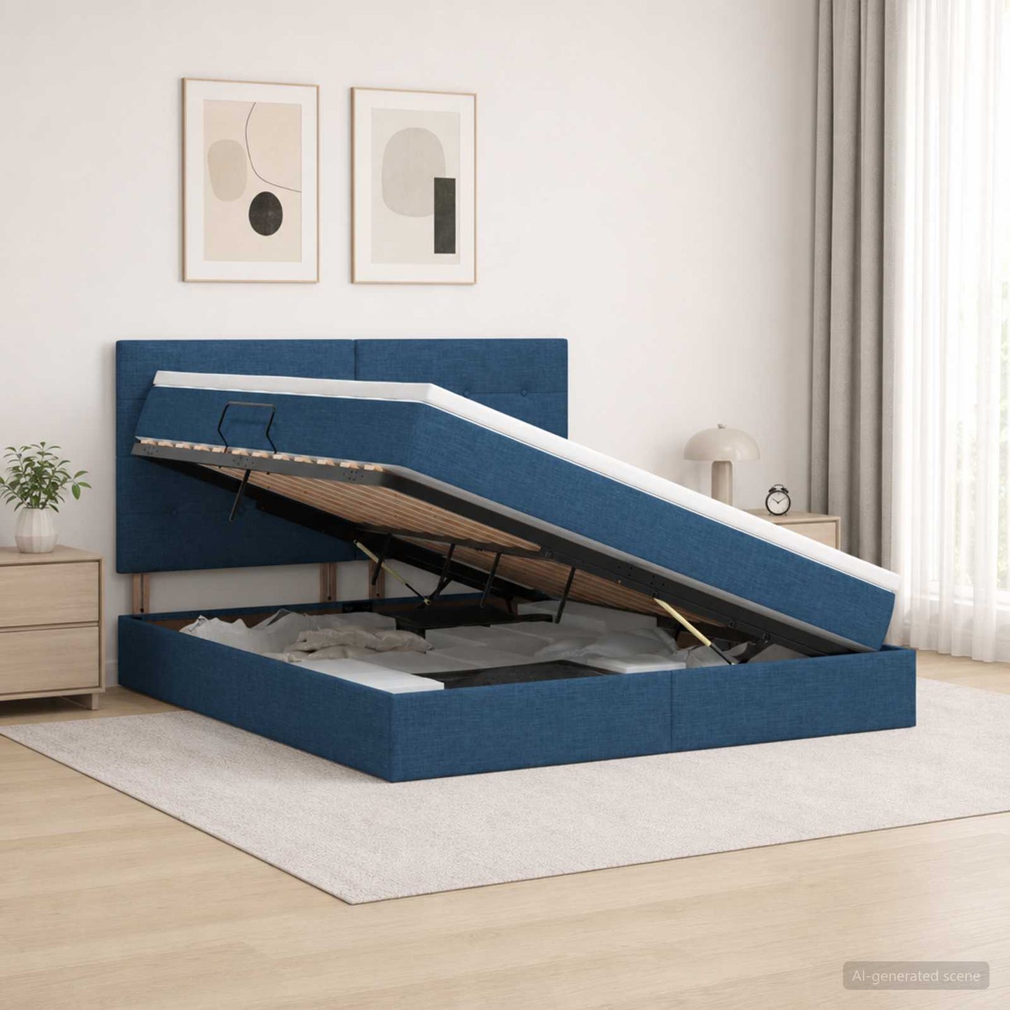 Letto con contenitore LED e materasso Blu 160 x 200 cm Tessuto