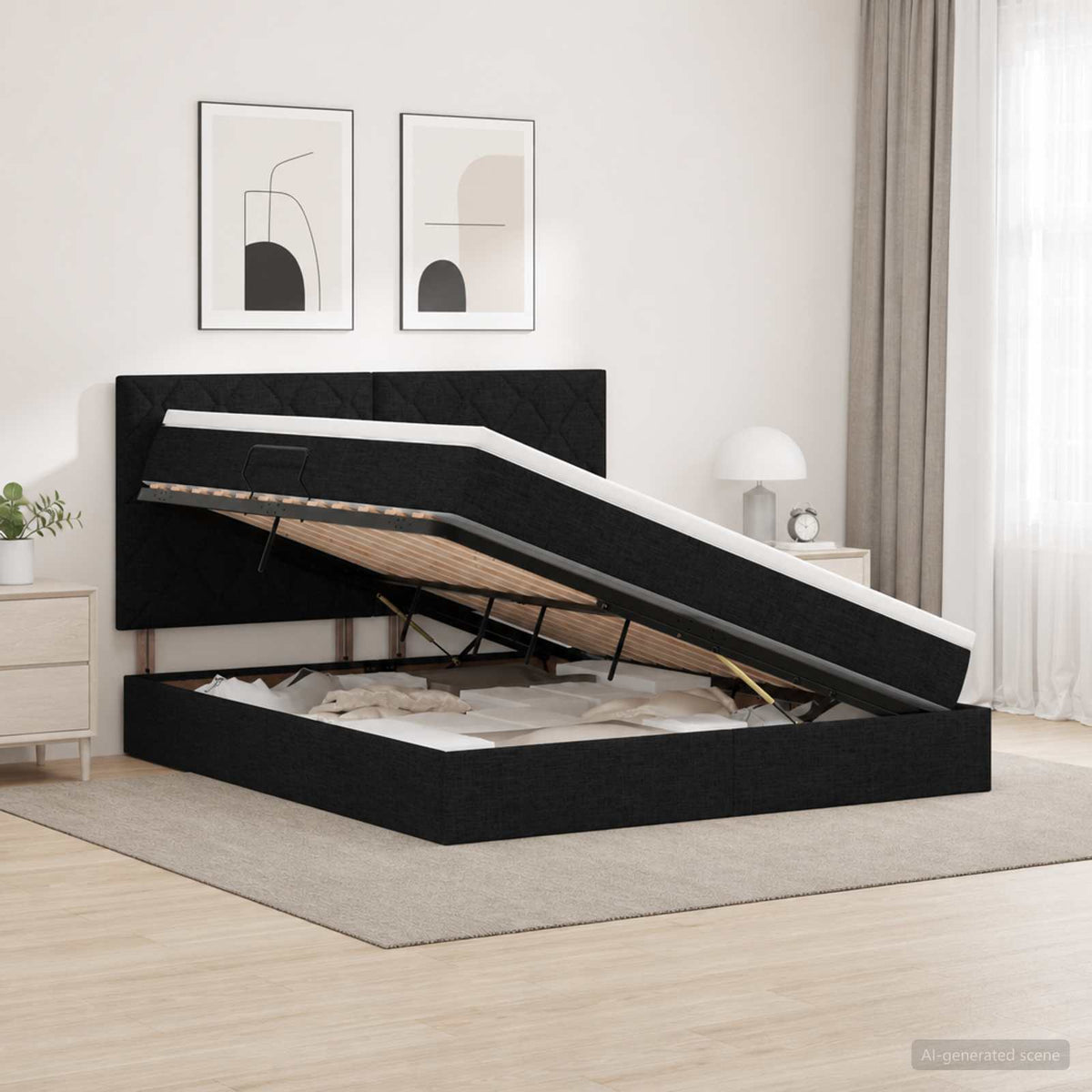 Letto con contenitore e materasso Nero 180 x 200 cm Tessuto