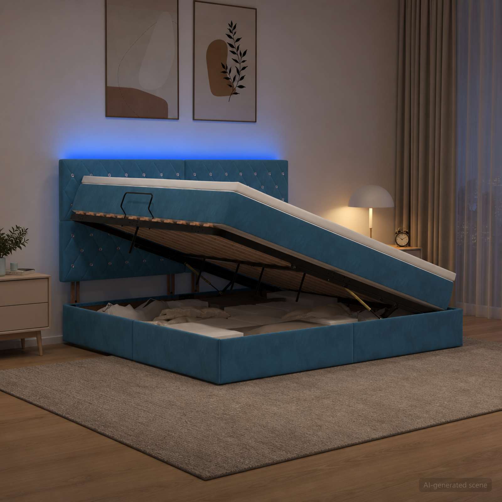 Letto con contenitore LED e materasso Blu Scuro 140 x 200 cm | homemem39