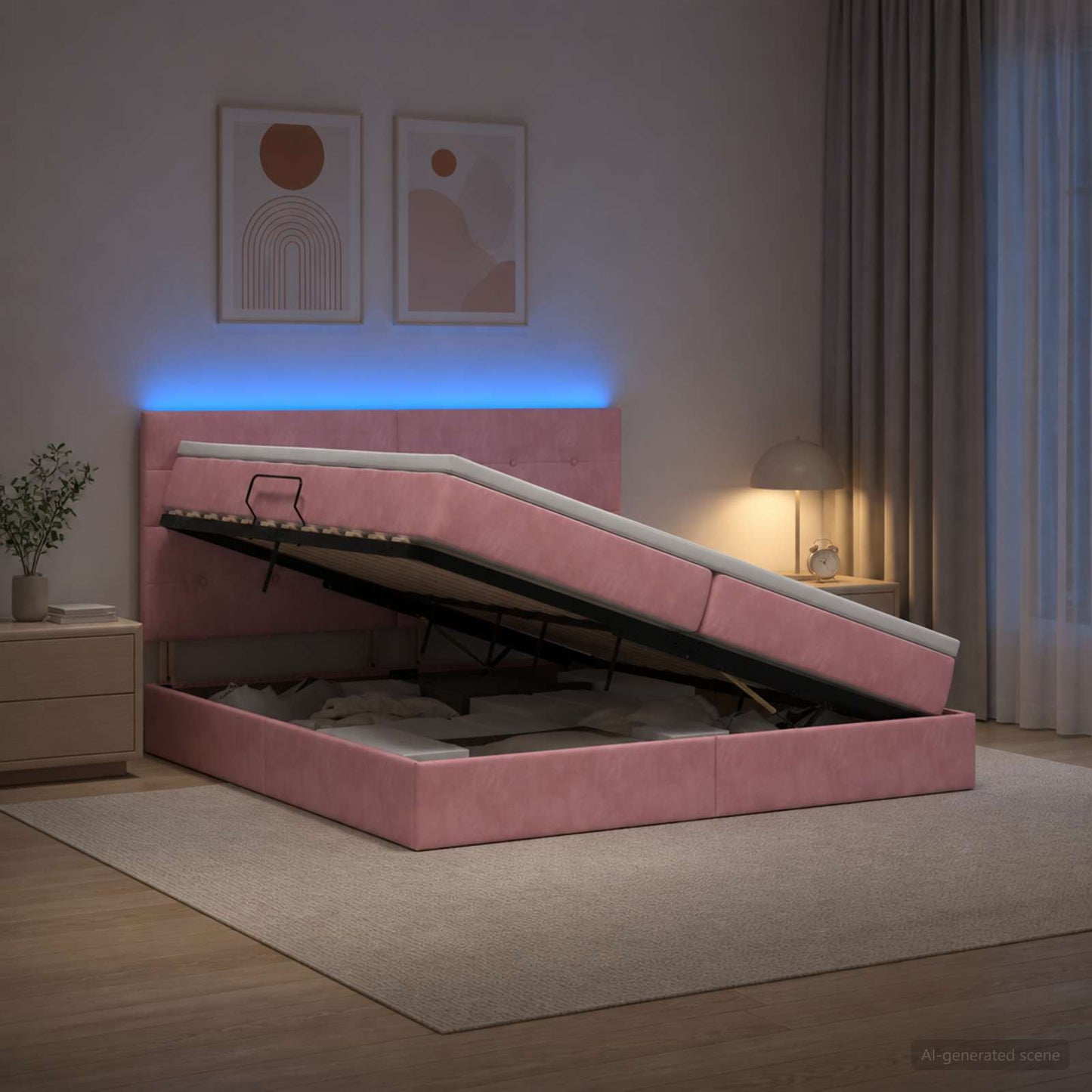 Letto con contenitore LED e materasso Rosa 200 x 200 cm Velluto