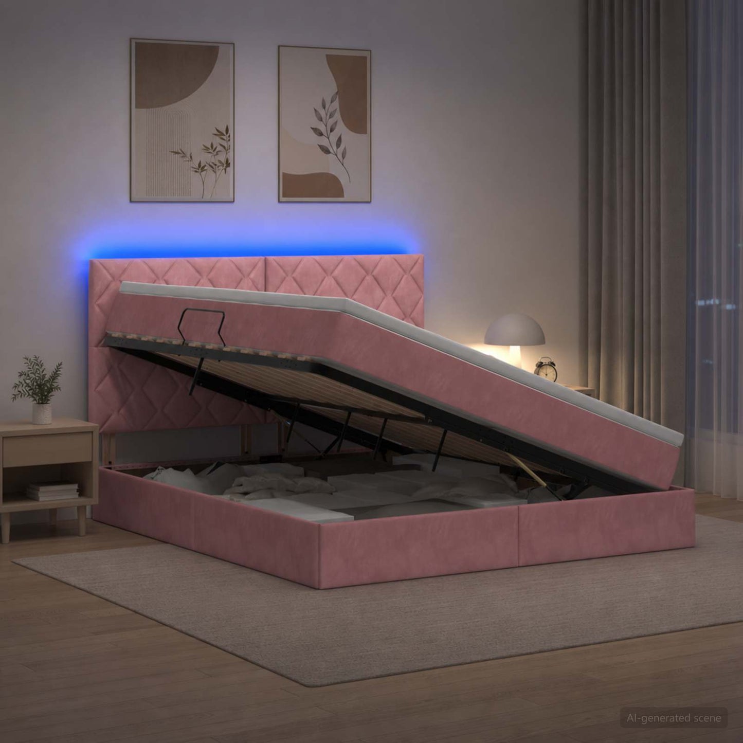 Letto con contenitore LED e materasso Rosa 140 x 200 cm Velluto