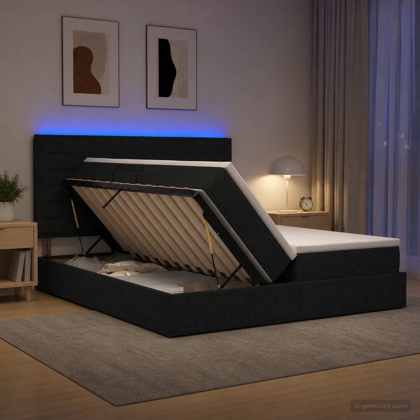 Letto con contenitore LED e materasso Nero 180 x 200 cm Tessuto