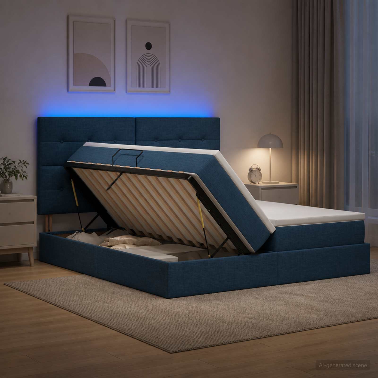 Letto con contenitore LED e materasso Blu 200 x 200 cm Tessuto | homemem39
