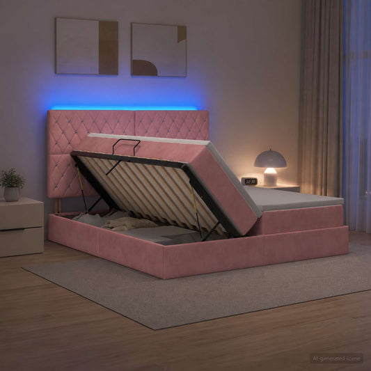 Letto con contenitore LED e materasso Rosa 200 x 200 cm Velluto