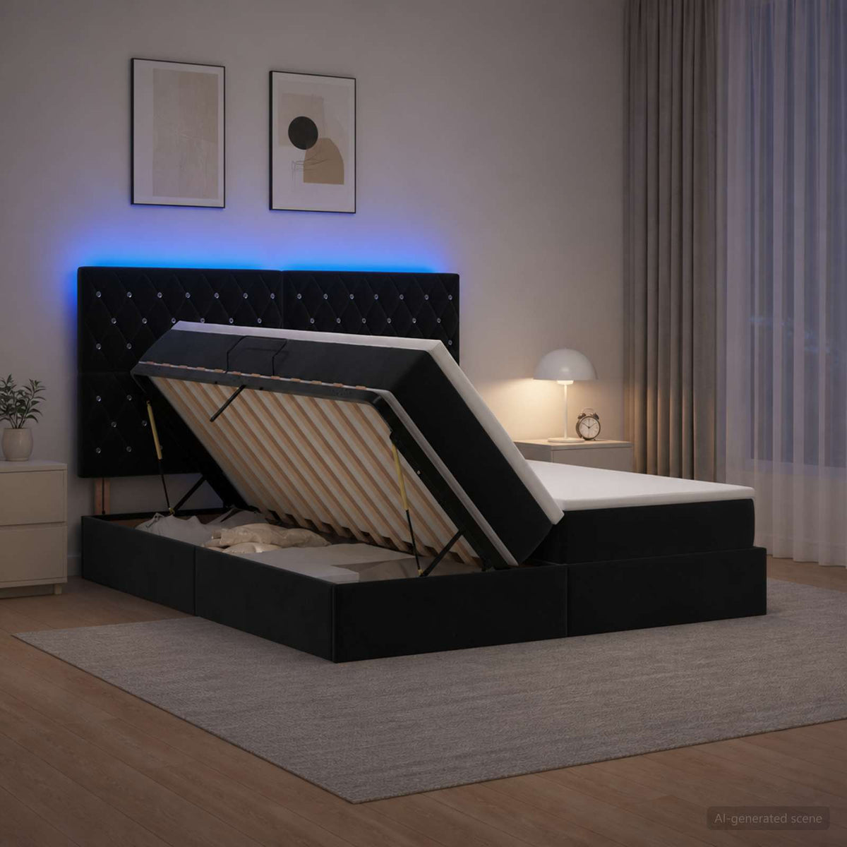Letto con contenitore LED e materasso Nero 180 x 200 cm Velluto | homemem39