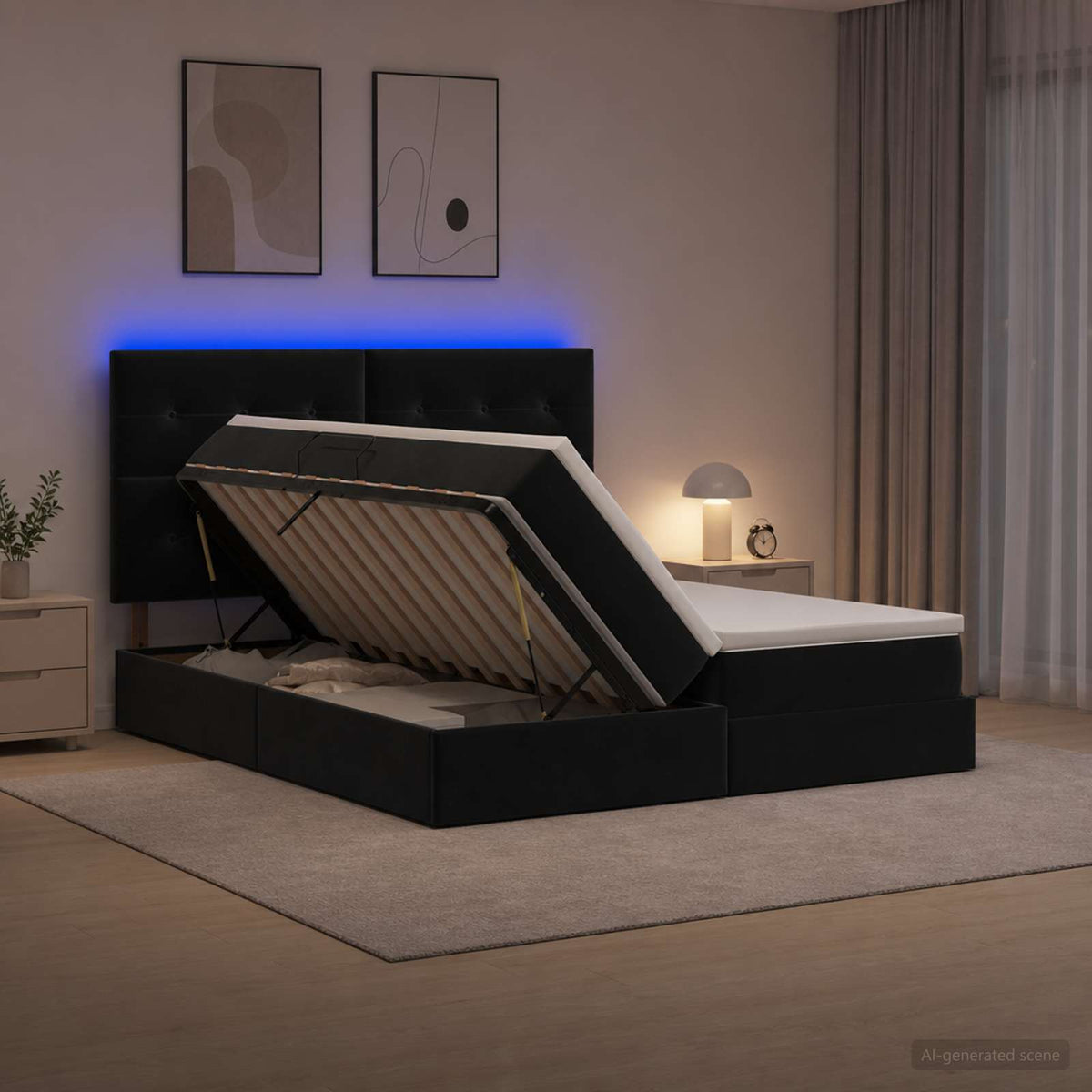 Letto con contenitore LED e materasso Nero 180 x 200 cm Velluto | homemem39