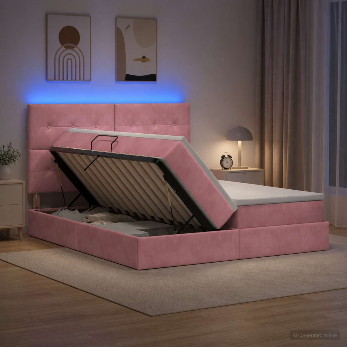 Letto con contenitore LED e materasso Rosa 200 x 200 cm Velluto