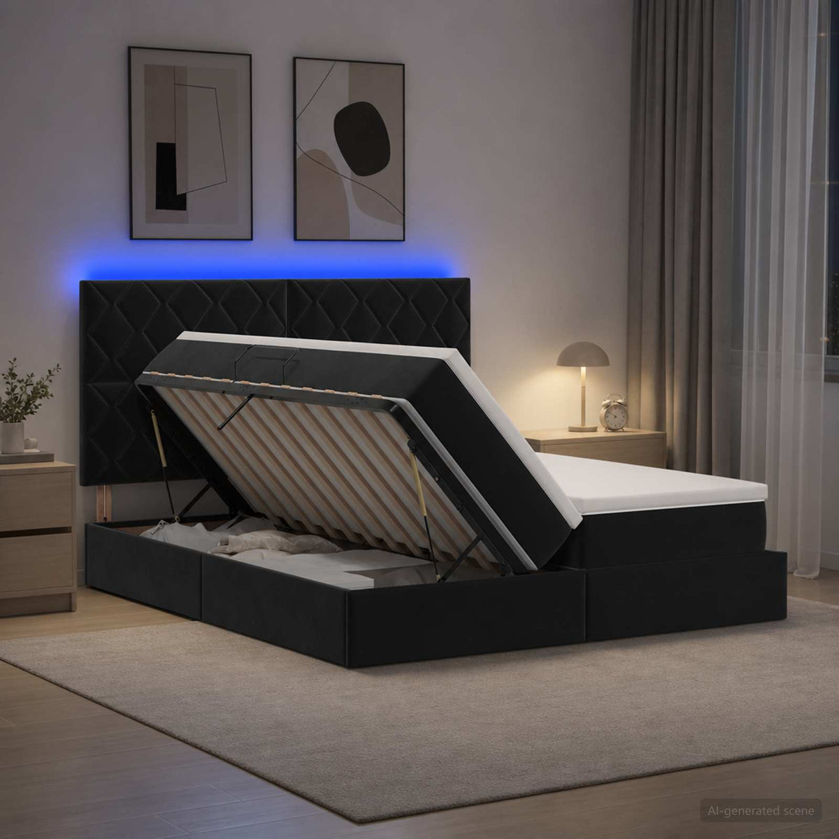 Letto con contenitore LED e materasso Nero 180 x 200 cm Velluto | homemem39
