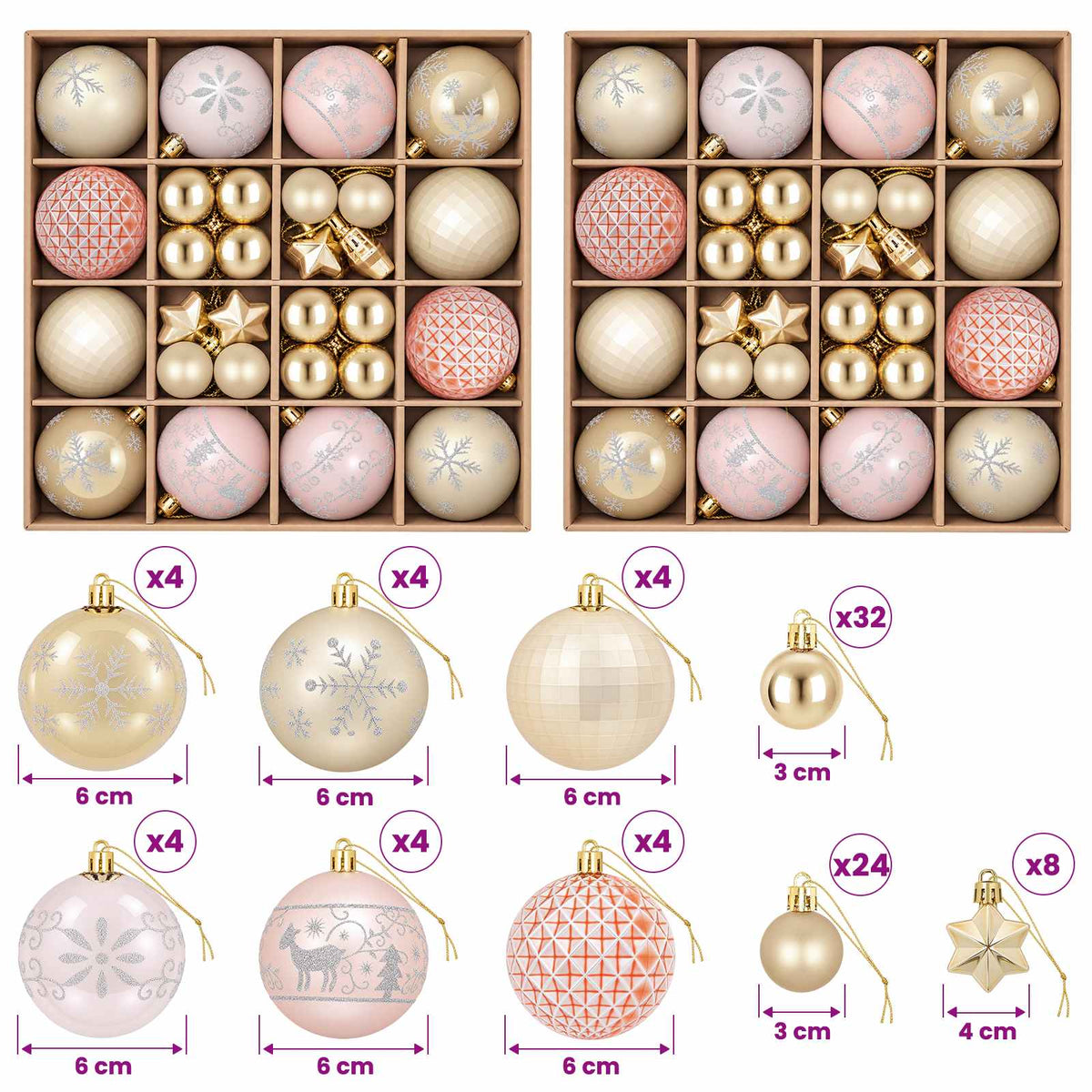 Set di Palline di Natale 88 pz oro rosa e oro Ø 6 cm Plastica
