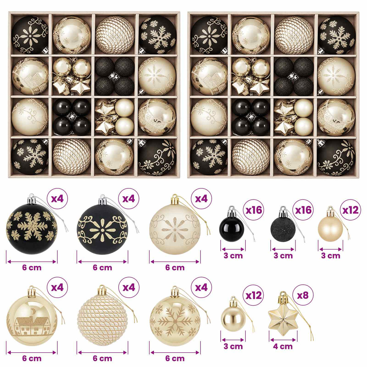 Set di Palline di Natale 88 pz Nero e Oro Ø 6 cm Plastica | homemem39