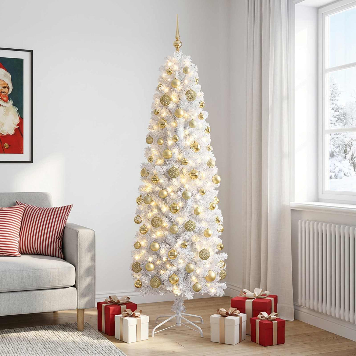 Albero di Natale Artificiale Slim con Palline 180 cm 300 LED