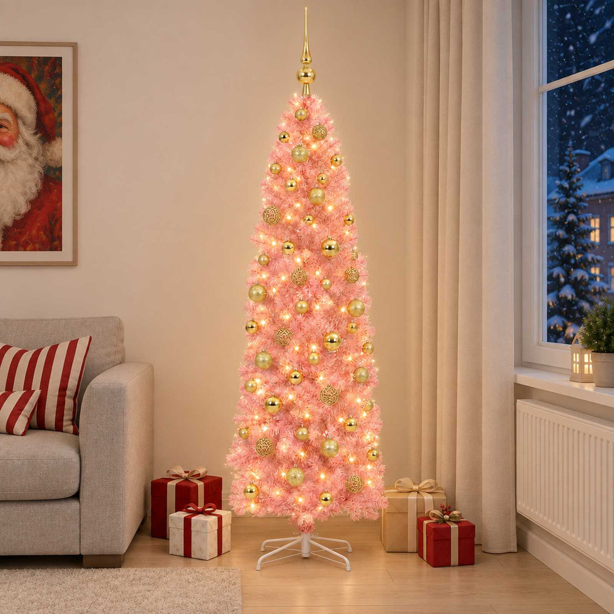 Albero di Natale Artificiale Slim con Palline 180 cm 300 LED