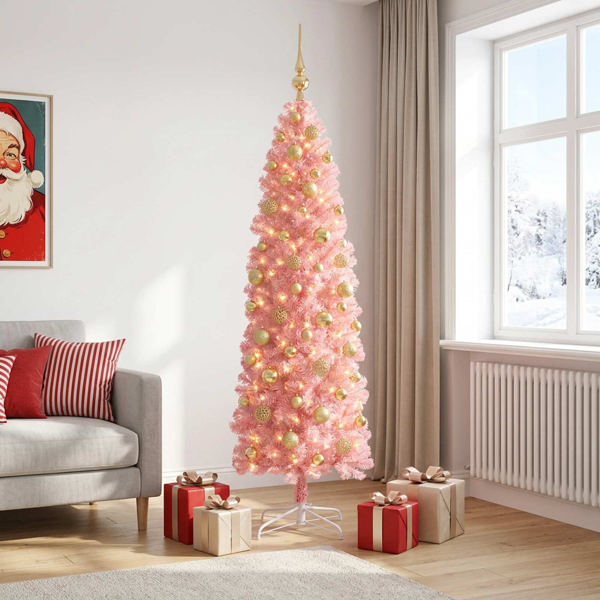 Albero di Natale Artificiale Slim con Palline 180 cm 300 LED